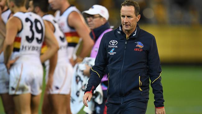 Crows coach Don Pyke after addressing the Crows in their season-low loss to Hawthorn. Picture: AAP Image/Julian Smith