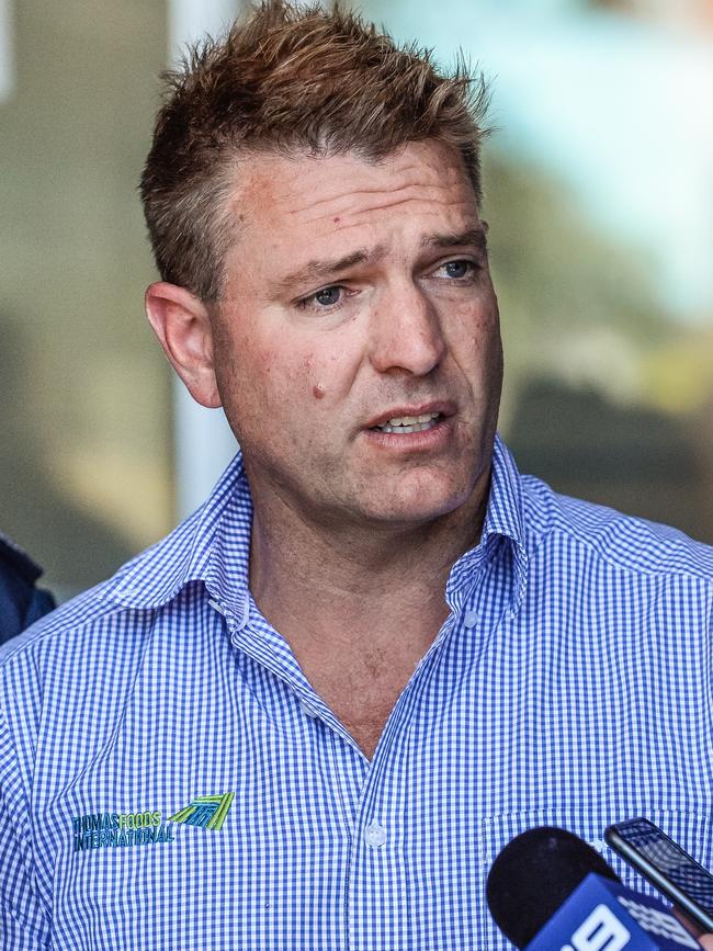 Thomas Foods chief executive Darren Thomas speaks with the media after the fire Picture: AAP / Roy Vandervegt