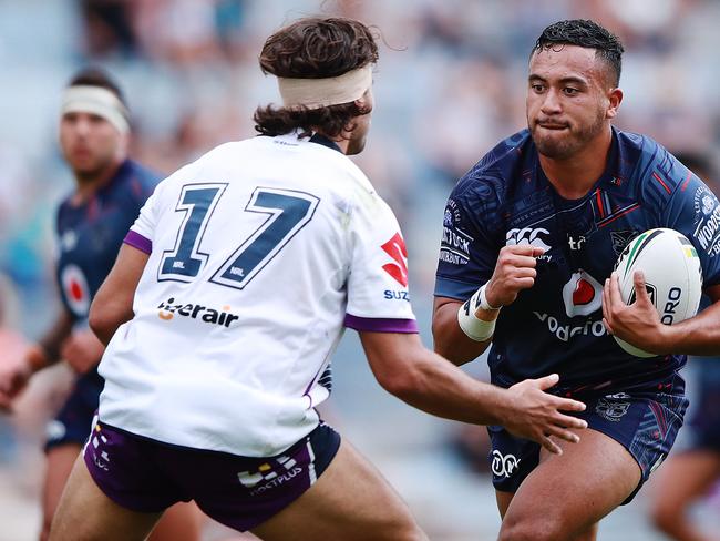 ROTORUA, NEW ZEALAND - FEBRUARY 17: Matiu Love-Henry of the Warriors charges forward during the NRL trial match between the New Zealand Warriors and the Melbourne Storm at Rotorua International Stadium on February 17, 2018 in Rotorua, New Zealand.  (Photo by Hannah Peters/Getty Images)