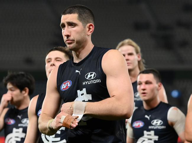 MELBOURNE, AUSTRALIA - AUGUST 27: Jacob Weitering and his Blues team mates look dejected after losing the round 24 AFL match between Carlton Blues and Greater Western Sydney Giants at Marvel Stadium, on August 27, 2023, in Melbourne, Australia. (Photo by Quinn Rooney/Getty Images)