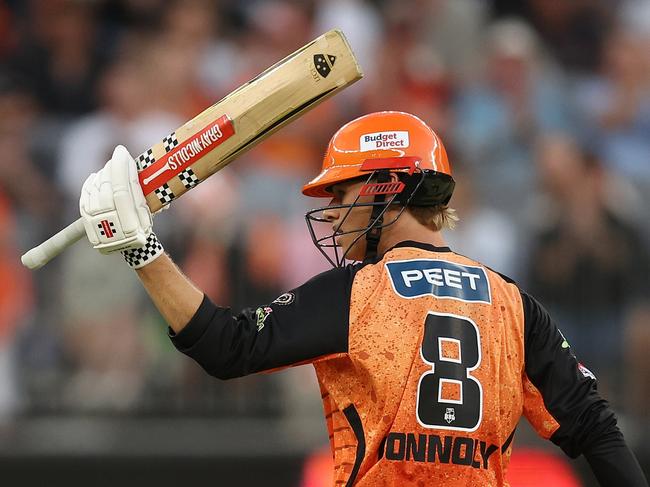 Cooper Connolly celebrates his fifty in round 1 against the Stars.