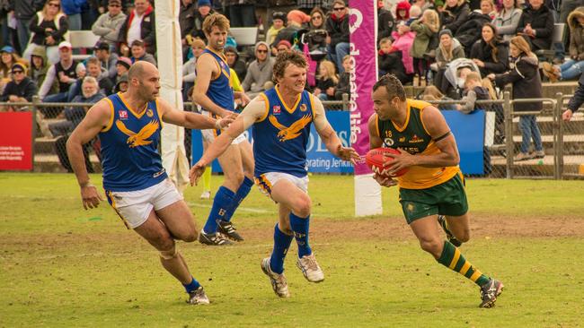 Mallee Park playing coach Graham Johncock, right, in the 2016 PLFL Grand Final.