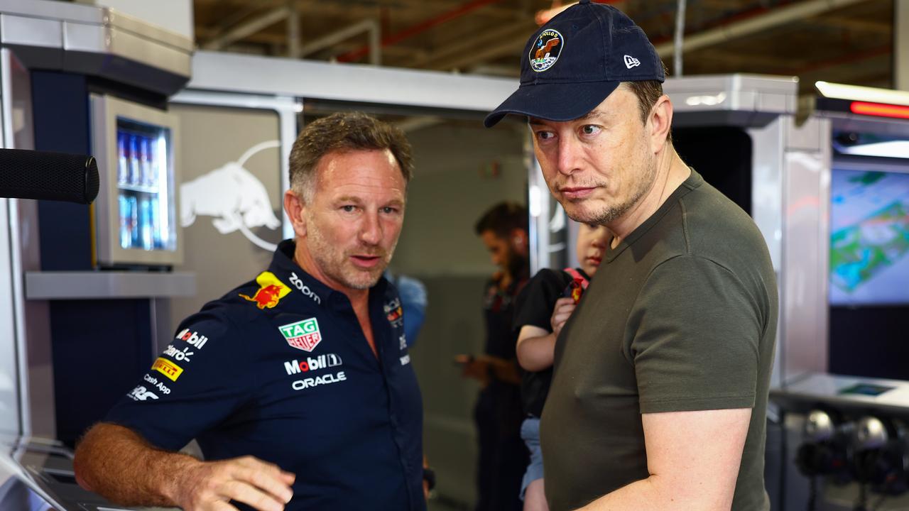 Red Bull Racing Team Principal Christian Horner talks with Elon Musk in the Paddock prior to final practice ahead of the F1 Grand Prix of Miami at Miami International Autodrome on May 06, 2023 in Miami, Florida. (Photo by Mark Thompson/Getty Images)