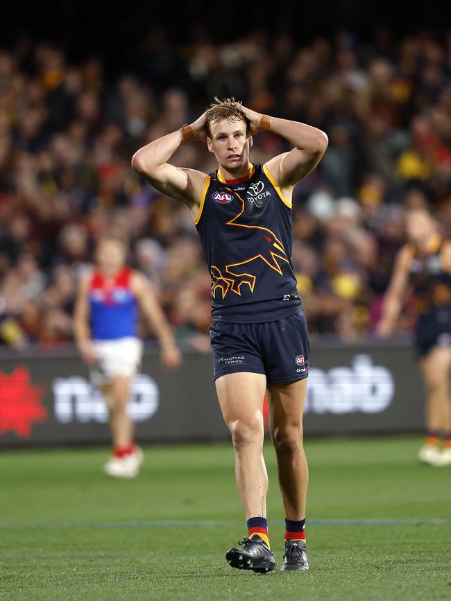 Adelaide captain Jordan Dawson after missing a shot on goal. Picture: Phil Hillyard.