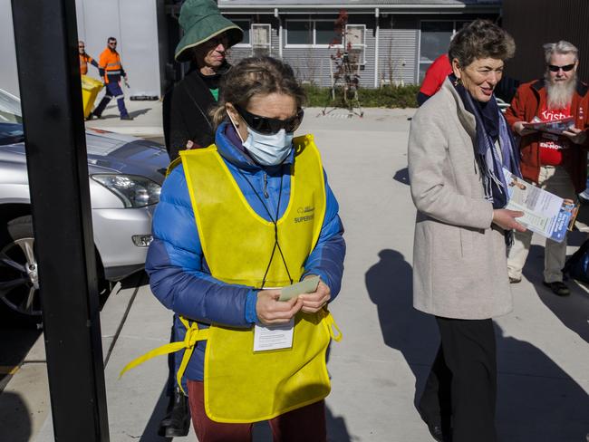 Liberal candidate Fiona Kotvojs (right) on the hustings in Queanbeyan. Picture: Sean Davey.