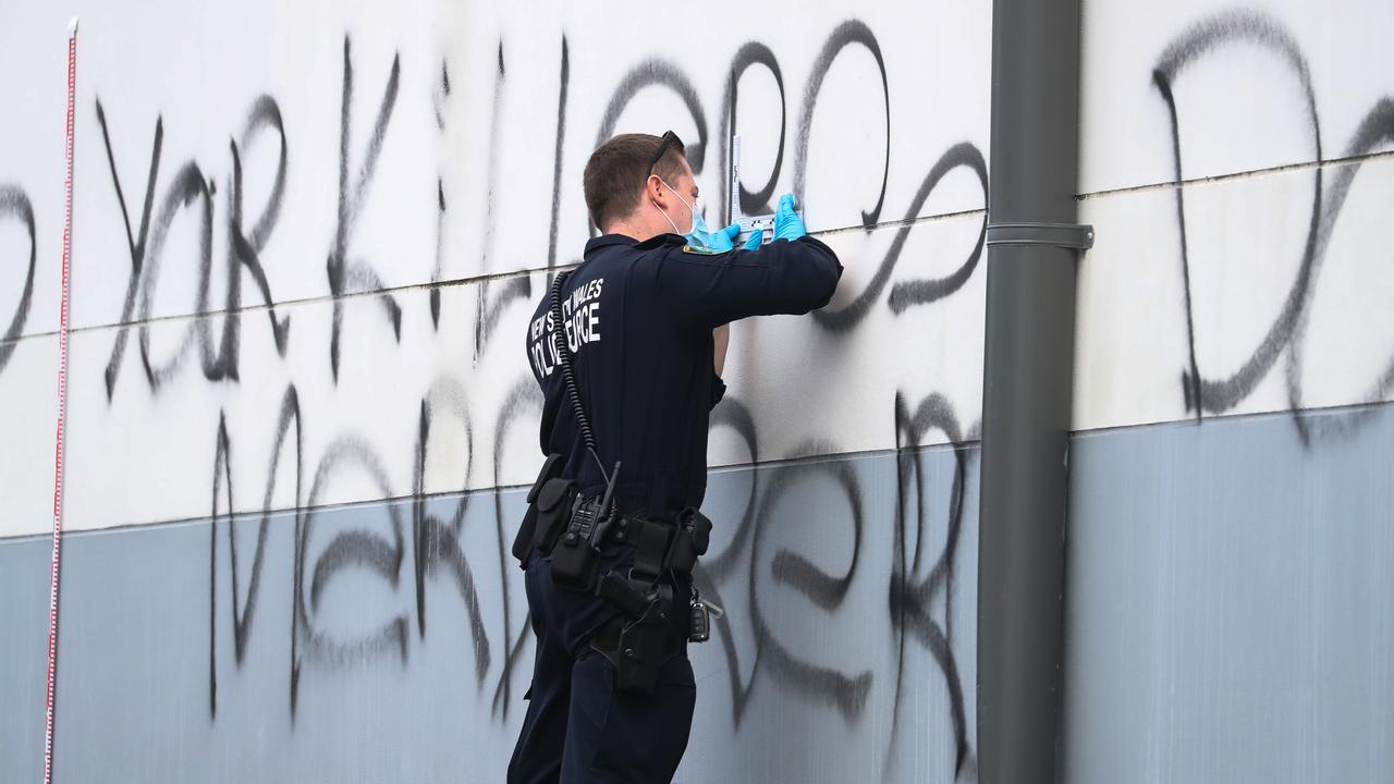 Police and forensics at the back of Mount Sinai College in Maroubra after more anti-Semitic graffiti last month. Picture: NewsWire/Gaye Gerard