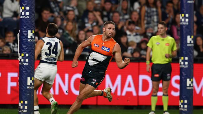 GEELONG, AUSTRALIA - MAY 11: Jesse Hogan of the Giants celebrates kicking a goal during the round nine AFL match between Geelong Cats and GWS Giants at GMHBA Stadium on May 11, 2025 in Geelong, Australia. (Photo by Graham Denholm/AFL Photos/Getty Images)