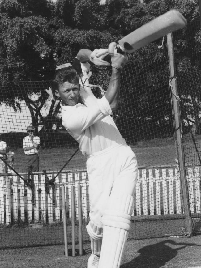 Cricketer Sam Trimble in action in the nets 1964.