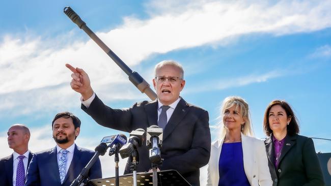 Prime Minister Scott Morrison at the site in Avalon where Hanwha Defense Australia will build its Australian military vehicle production facility. Picture: NCA NewsWire / Ian Currie