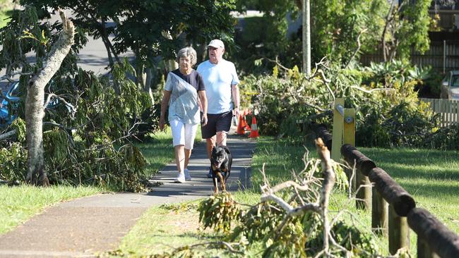 Dee Ford and John McDougall survey the aftermath of the storm at Anzac Rd Park at Carina. Picture: Annette Dew