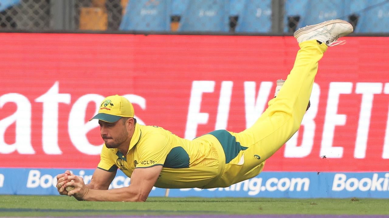 Marcus Stoinis attempts in vain to take a catch to dismiss Rashid Khan. Picture: Getty Images