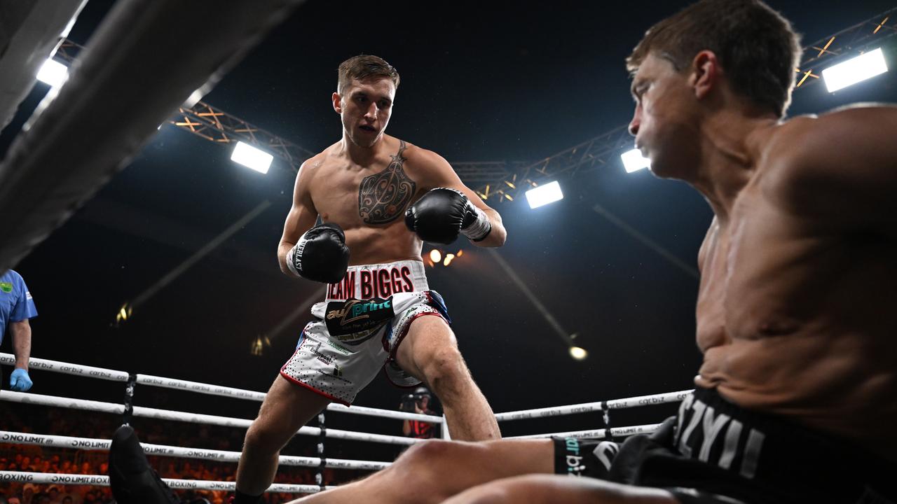 Nikita Tszyu found himself on the canvas in round one after copping two big right hands from Dylan Biggs. Picture: No Limit Boxing