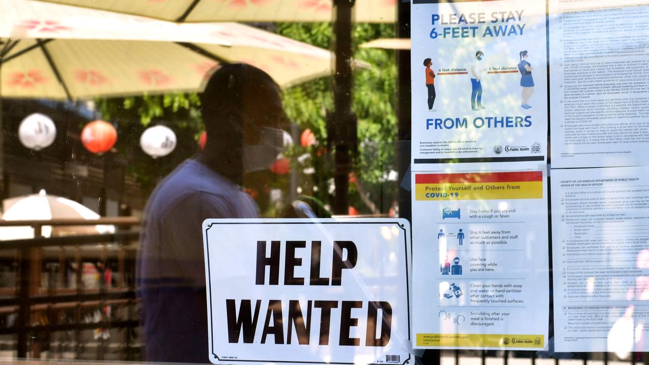 A ‘help wanted’ sign outside a restaurant in Los Angeles. Picture: Frederic J. Brown/AFP