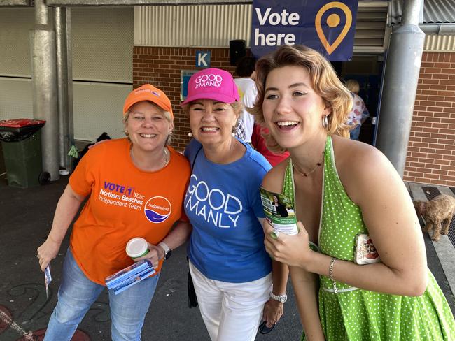 Three candidates running for seats in the Manly Ward at the Northern Beaches Election 2024. (left to right) Sarah Grattan (Your Northern Beaches independent Team), Candy Bingham (Good for Manly) and Bonnie Harvey (the Greens).