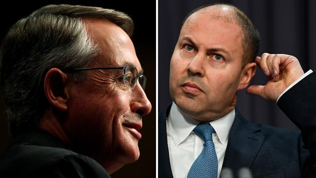 Treasurer Josh Frydenberg (right) and former Labor Treasurer Wayne Swan. Pictures: File