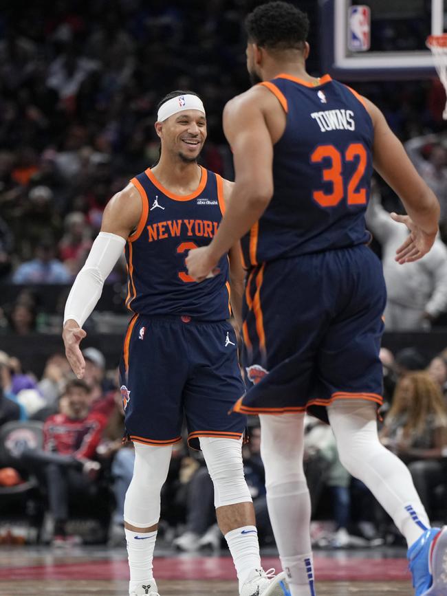 Josh Hart and Karl-Anthony Towns celebrate for the New York Knicks. Picture: Jess Rapfogel/Getty Images