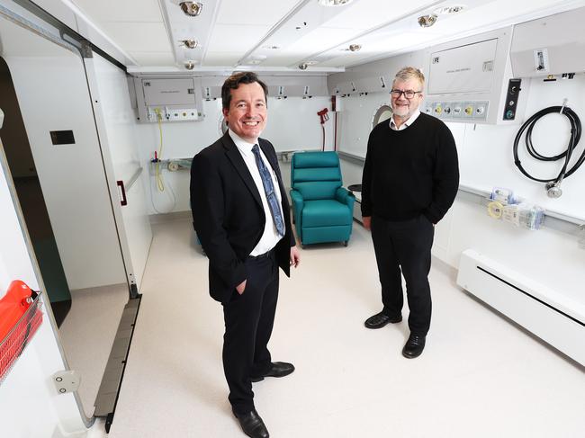 ASTRO RACE: Medical director of the department of diving, hyperbaric and aero space medicine at the Royal Hobart Hospital David Cooper, left, with Dean of the Tasmanian school of medicine at UTAS, James Vickers. Picture: ZAK SIMMONDS