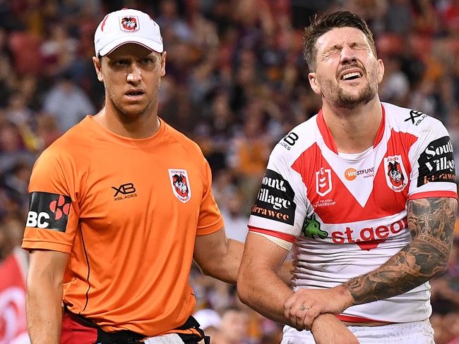 Gareth Widdop of the Dragons is taken from the field injured during the Round 3 NRL match between the Brisbane Broncos and St George Illawarra Dragons at Suncorp Stadium in Brisbane, Thursday, March 28, 2019. (AAP Image/Dave Hunt) NO ARCHIVING, EDITORIAL USE ONLY