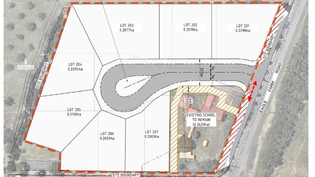 This image shows the proposed redevelopment of the former Pinkenba State School to include seven light industrial lots and one lot for the heritage-listed school buildings. Source: Brisbane City Council PD Online