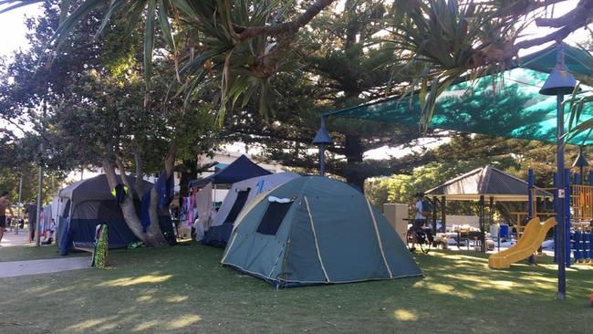 A tent city popped up over the break.