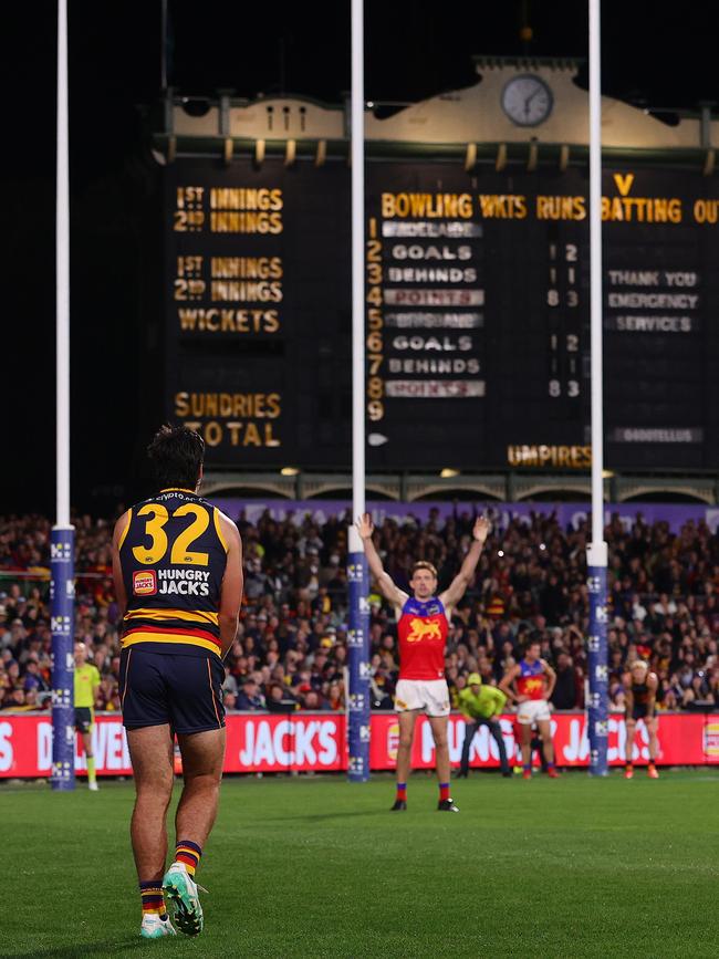 Fogarty booted four goal against the Lions, including this one late. Picture: Sarah Reed/AFL Photos via Getty Images