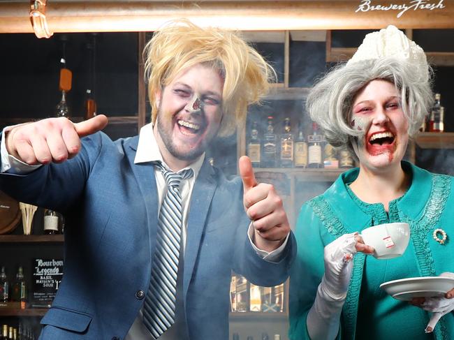 21.10.2019.Brittany Robertson as The Queen and Isaac Rubessa as Boris Johnson for a Brexit Halloween event at the Woodcroft Hotel.  PIC TAIT SCHMAAL.