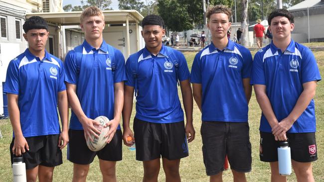Northern 14-15 years boys Joshua Gleeson, Jarrad Skiba, William Brice, Morani Kaulave and Cooper Snary at the Queensland School Sport rugby league state championships at Marley Brown Oval, Gladstone, on May 17, 2025.