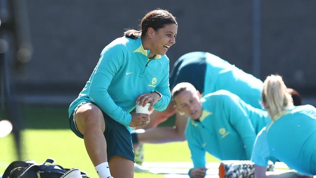 Sam Kerr during an Australia Matilda's training session during the FIFA Women's World Cup Australia & New Zealand 2023 at Perry Park on July 26, 2023 in Brisbane, Australia. (Photo by Chris Hyde/Getty Images)