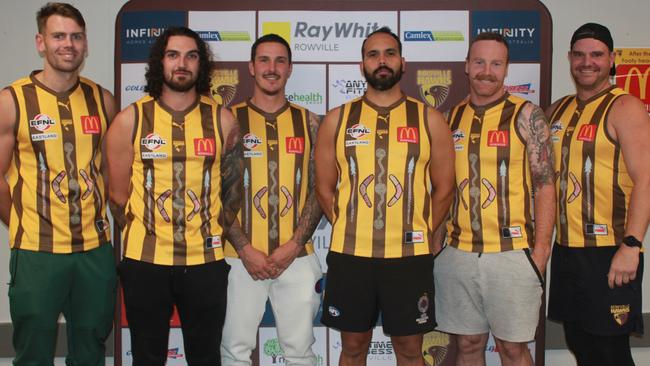 (L-R): Rowville’s Nik Schoenmakers, Jarrod Healy, Anthony Brolic (captain), Jethro Calma-Holt, Alex Frawley, Ben Wise (senior coach). Picture: Supplied