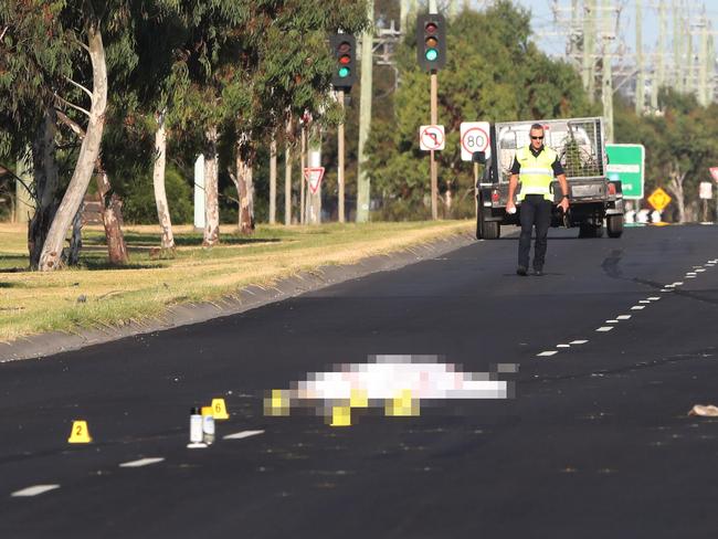 Aaran Brown’s body was found on Boundary Rd in Derrimut after a fatal hit-and-run crash. Picture: David Crosling