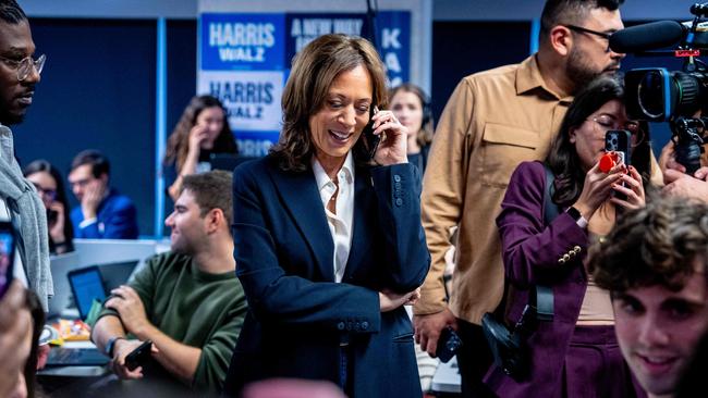 Democratic presidential nominee Kamala Harris at a phone bank event at the Democratic National Committee headquarters on election day. Picture: AFP