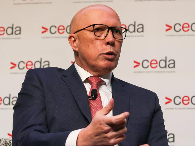 Opposition Leader Peter Dutton addresses a CEDA lunch on nuclear policy: A Nuclear Powered Australia – could it work? in Sydney on September 23, 2024. Picture: NewsWire / Gaye Gerard