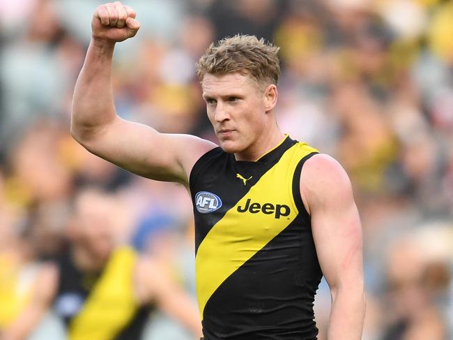 Josh Caddy of the Tigers scores a goal during the Round 10 AFL match between the Richmond Tigers and the St Kilda Saints at the MCG in Melbourne, Saturday, May 26, 2018. (AAP Image/Tracey Nearmy) NO ARCHIVING, EDITORIAL USE ONLY