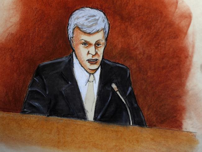 In this sketch, former radio host David Mueller appears in federal court Tuesday, Aug. 8, 2017, in Denver. Picture: AP.