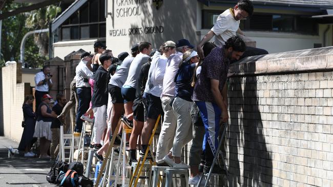 Spectators on ladders to watch the footy at Sydney Grammar. Picture: John Grainger