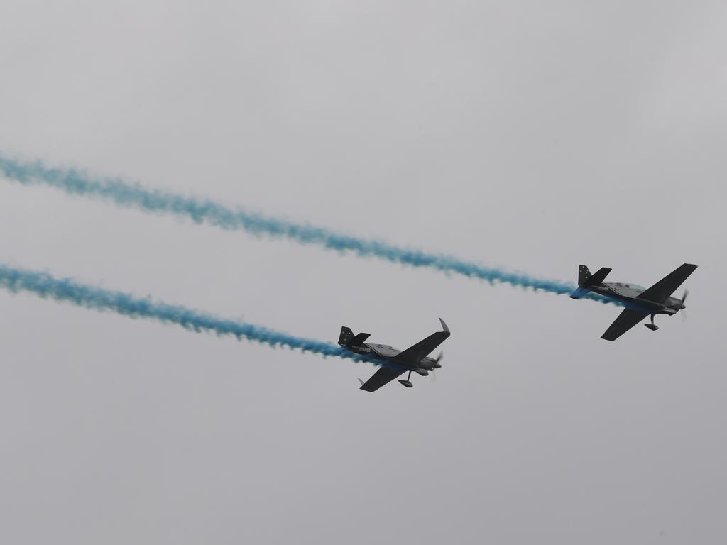 The jets flew over Sydney Harbour and revealed the baby’s gender via blue smoke. Picture: John Grainger