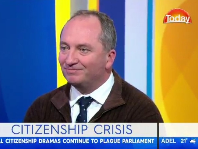 Barnaby Joyce cracking jokes about being a dual citizen in an interview with the Today show just two weeks ago. Picture: Supplied