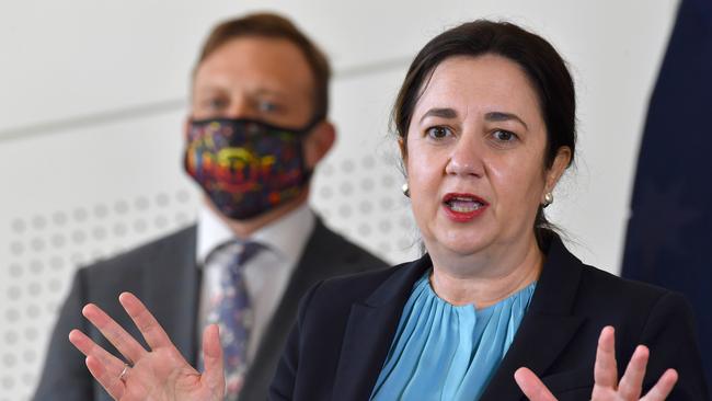 Premier Annastacia Palaszczuk gives the media a COVID-19 update in Brisbane. Picture: NCA NewsWire / John Gass