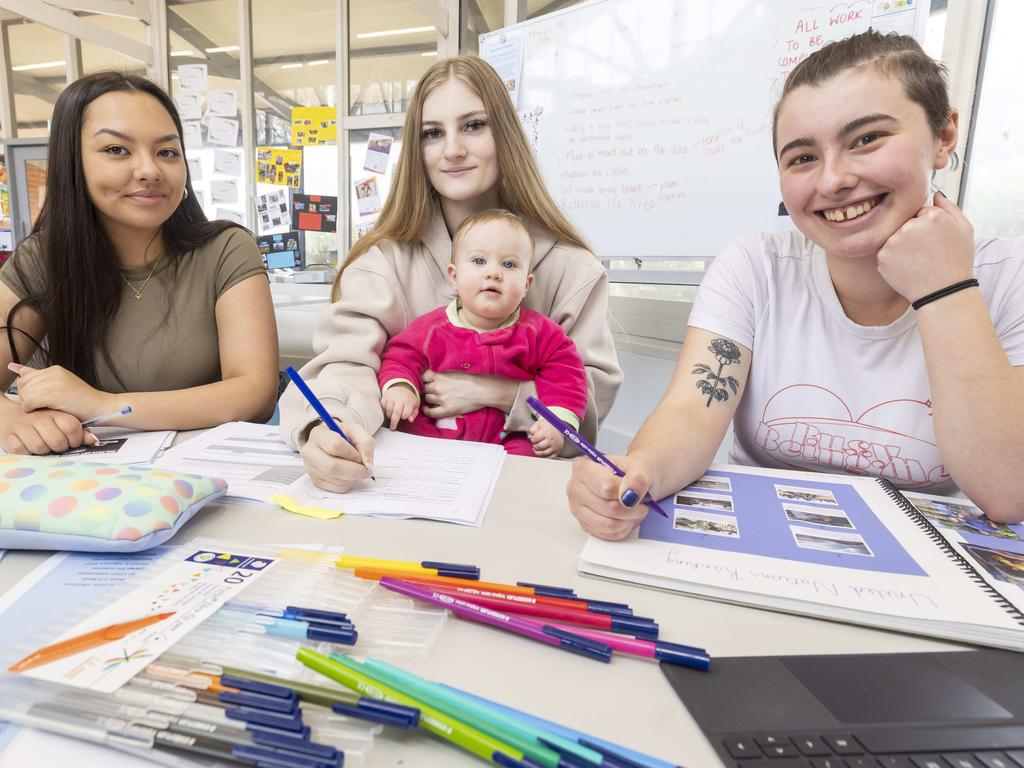 Young mothers Mel, Aahlia and Phoebe all attend the Young Parents Education Program. Picture: Wayne Taylor