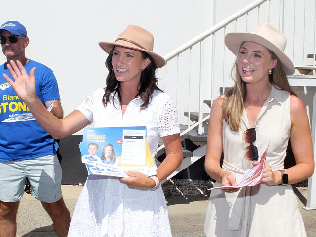 Meaghan Scanlon and Bianca Stone were at a polling centre in Nerang on Friday. Picture: Richard Gosling.