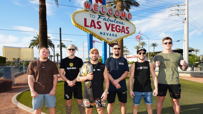 It’s an Aussie takeover in Vegas: Jack Della Maddalena, Kiwi Dan Hooker, Alexander Volkanovski, Robert Whittaker, Shannon Ross and Jimmy Crute. (Photo by Chris Unger/Zuffa LLC)