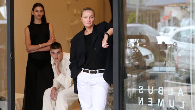 Albus Lumen creative director Marina Afonina with models Larissa and Louis at her Bondi space ahead of Australian Fashion Week. Picture: Jane Dempster​