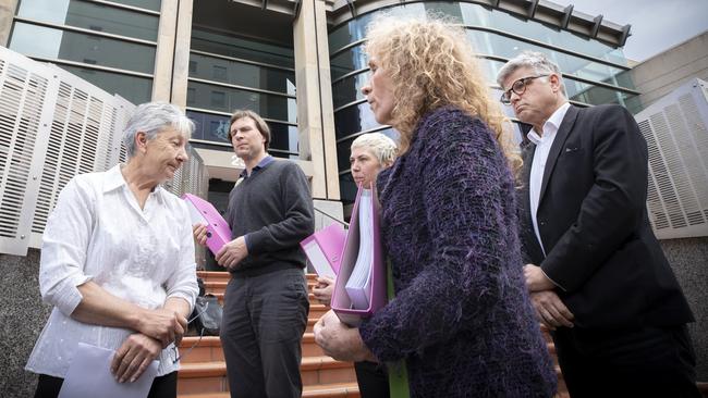 From left, Rosemary Harwood, human rights lawyer Ben Bartl, lawyer Taya Ketelaar- Jones, transgender rights activist Martine Delaney and prisoner advocate Greg Barns SC. The group is calling for an inquest into the death of Marjorie Harwood. Picture: Chris Kidd