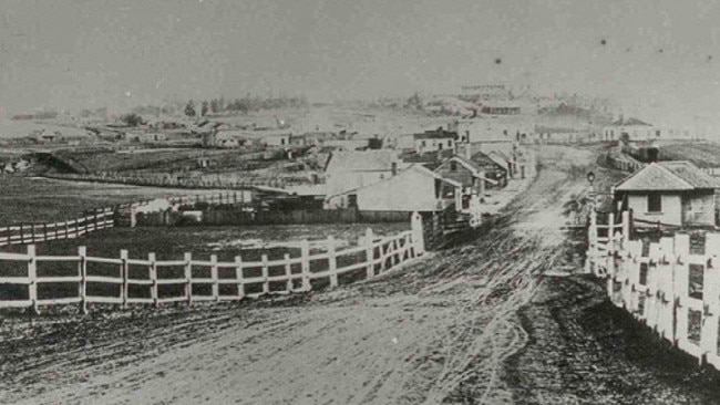 Mains Bridge at Flemington, looking north-west up Flemington Rd, in 1870. Picture: City of Moonee Valley