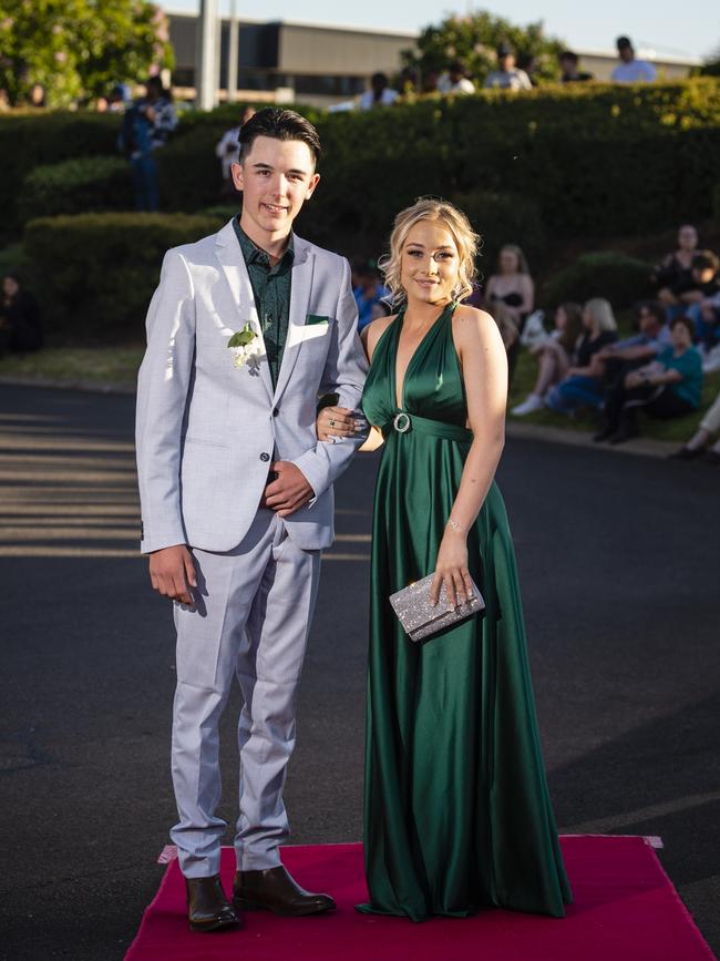 Pascalle Riley and Hannah Parkinson arrive at Harristown State High School formal at Highfields Cultural Centre, Friday, November 18, 2022. Picture: Kevin Farmer