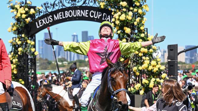 Robbie Dolan on Knight's Choice after winning the 2024 Melbourne Cup. Picture: Getty Images