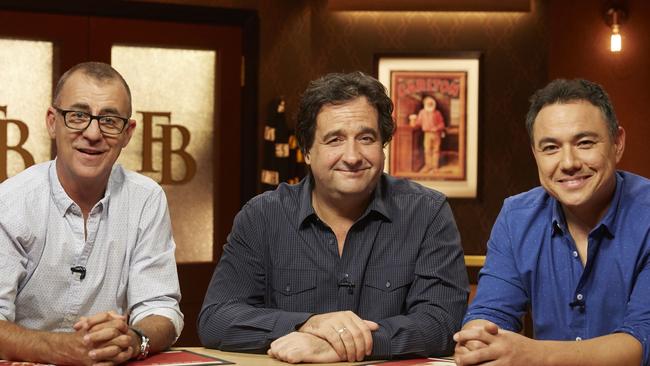 Andy Maher, Mick Molloy and Sam Pang on the set of The Front Bar.