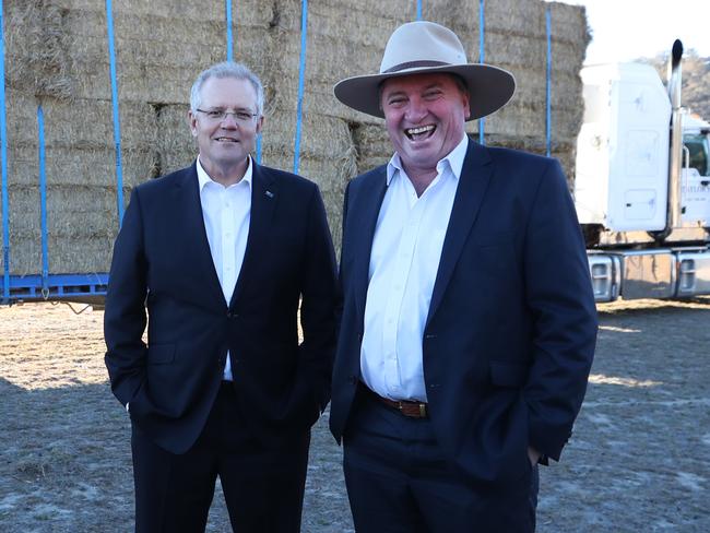 Prime Minister Scott Morrison making a drought announcement with Special Envoy for Drought Assistance and Recovery Barnaby Joyce on a property in Royalla, NSW. Picture: Kym Smith