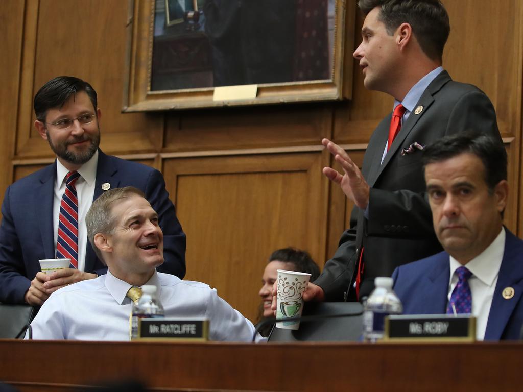 Republicans Jim Jordan and Matt Gaetz confer among fellow Republican colleagues during a House Judiciary Committee mark-up. Picture: Getty