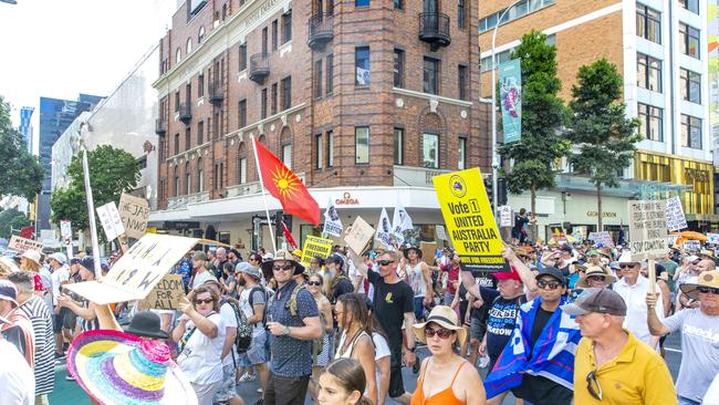 The Freedom Rally in the Brisbane CBD on Saturday. Picture: Richard Walker